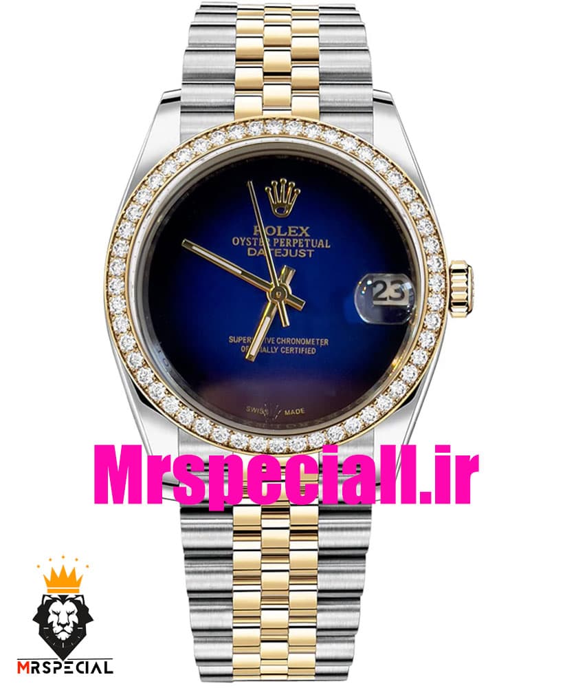 ساعت زنانه رولکس دیت جاست کوارتز قاب نگین دورنگ طلایی صفحه ابی مشکی 020831 ROLEX DATEJUST