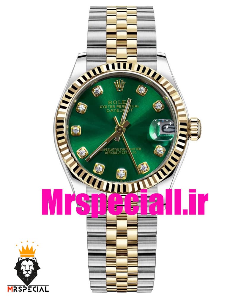ساعت زنانه رولکس دیت جاست اتوماتیک دورنگ طلایی صفحه سبز 020827 ROLEX DATEJUST