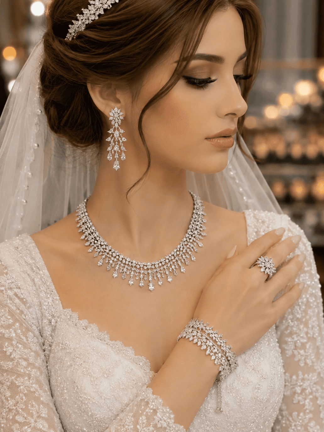 سرویس عروس طرح جواهر نقره‌ای اصل/اورجینال با نگین زیرکنی اتمی (ست گردنبند، گوشواره، دستبند و انگشتر)