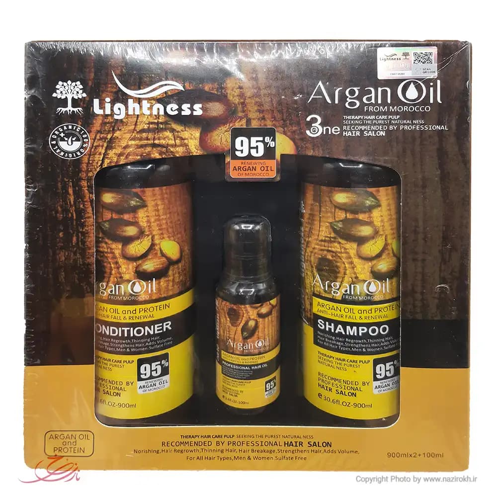 پک 3 عددی مراقبت مو آرگان(شامپو-نرم کننده-روغن) بدون سولفات لایتنس Lightness