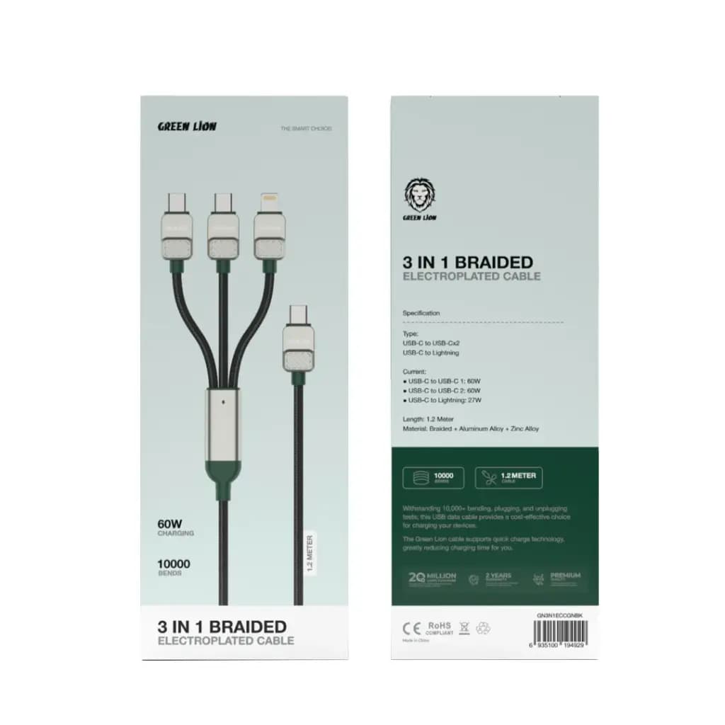 کابل شارژر چند کاره گرین لاین Green Lion 3-in-1 Cable Braided Type-C to C+C+L — تصویر ۳