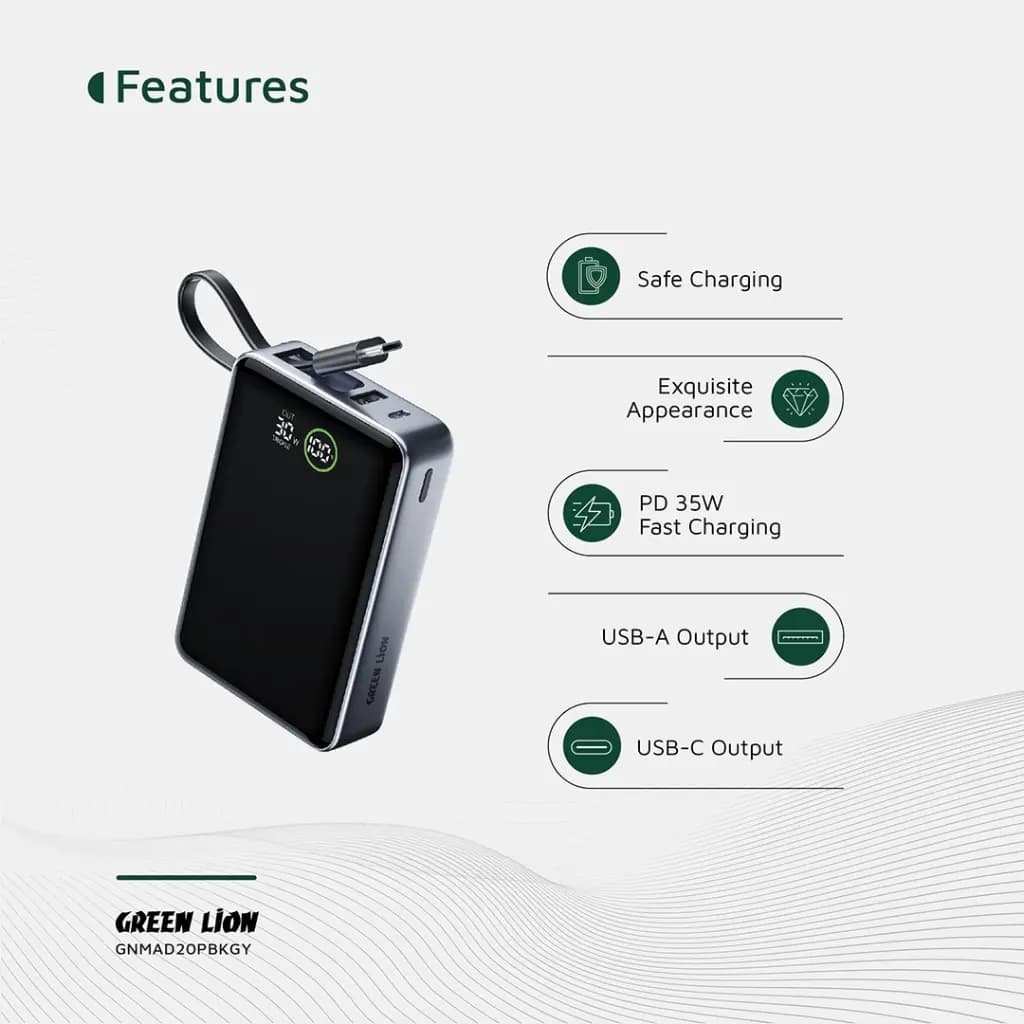 پاوربانک ۲۰۰۰۰ میلی آمپری گرین لاین Green Lion Madrid 20 Power Bank 20000mAh PD 35W — تصویر ۵
