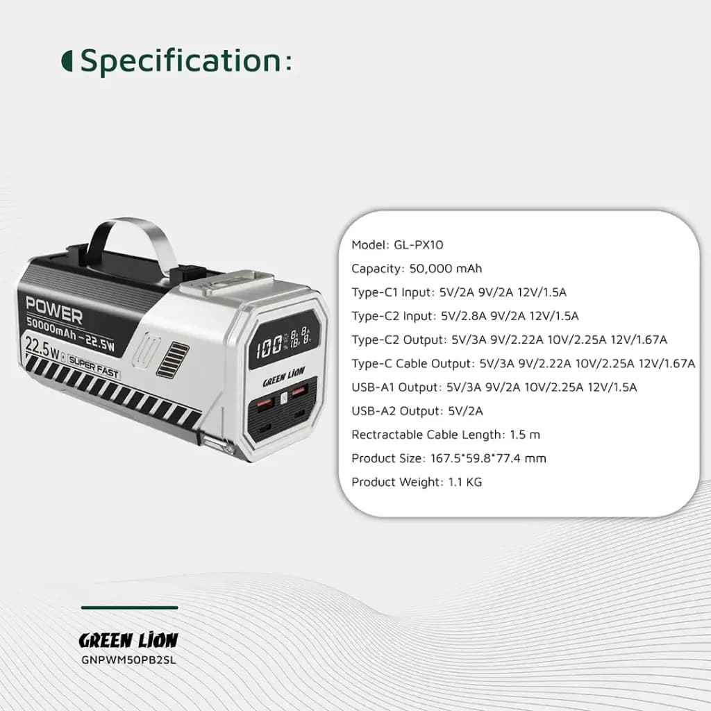 پاوربانک 50 هزار میلی آمپری 22.5 وات گرین لاین Green Lion 50000mAh Power Bank 22.5W — تصویر ۳