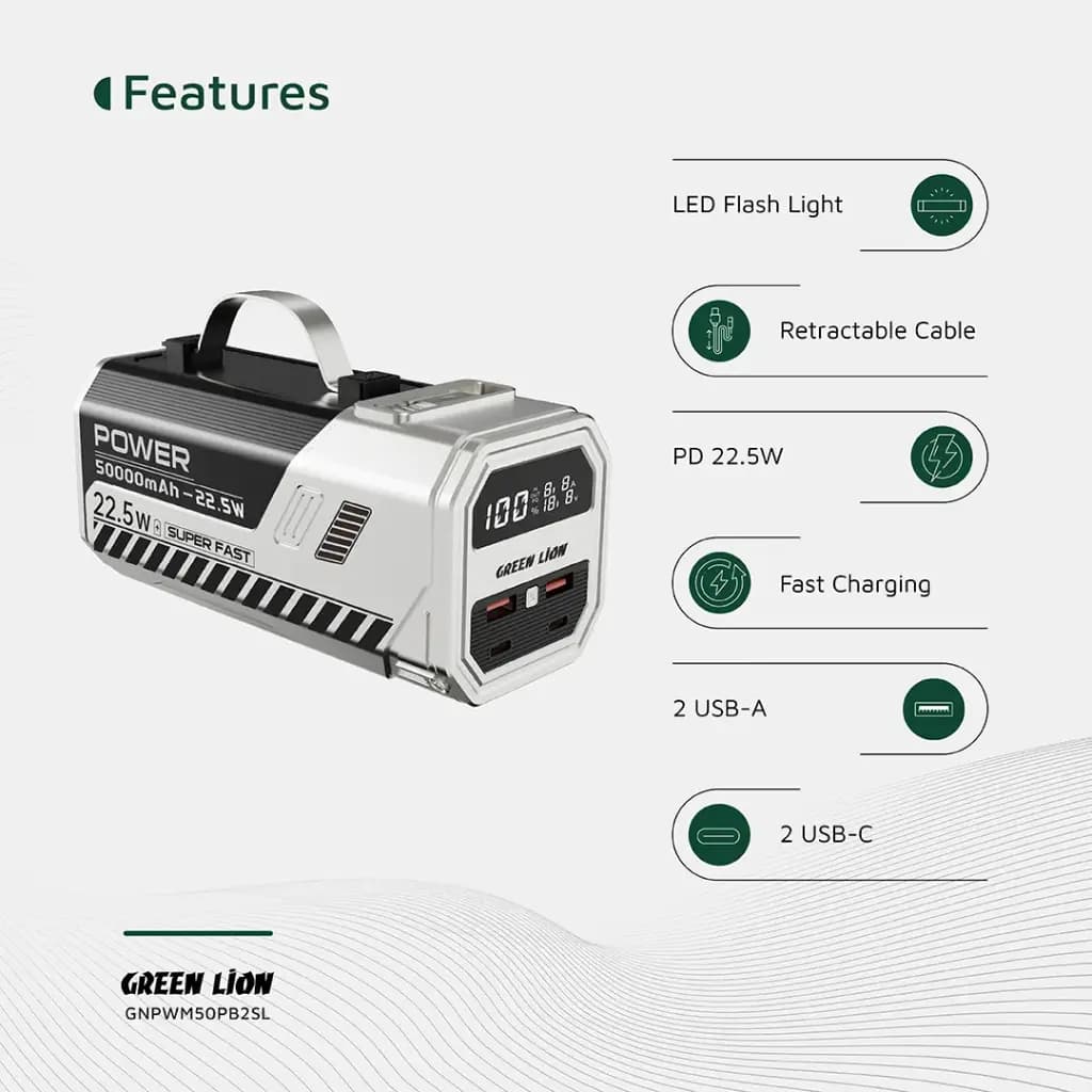 پاوربانک 50 هزار میلی آمپری 22.5 وات گرین لاین Green Lion 50000mAh Power Bank 22.5W — تصویر ۴
