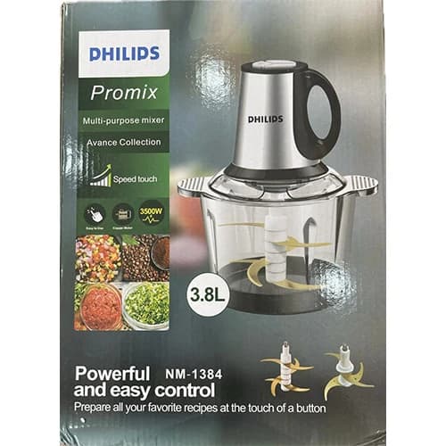 خردکن غذاساز 3/5 لیتر فیلیپس- توان 3800 وات- 6+4 تیغه تیتانیوم طلایی همراه با همزن مدل NM-1384
