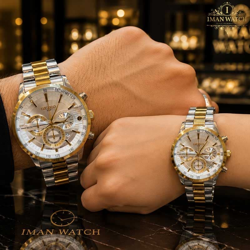 ساعت ست سیکو سه موتوره دو رنگ طلایی صفحه سفید Seiko 8894 — تصویر ۳