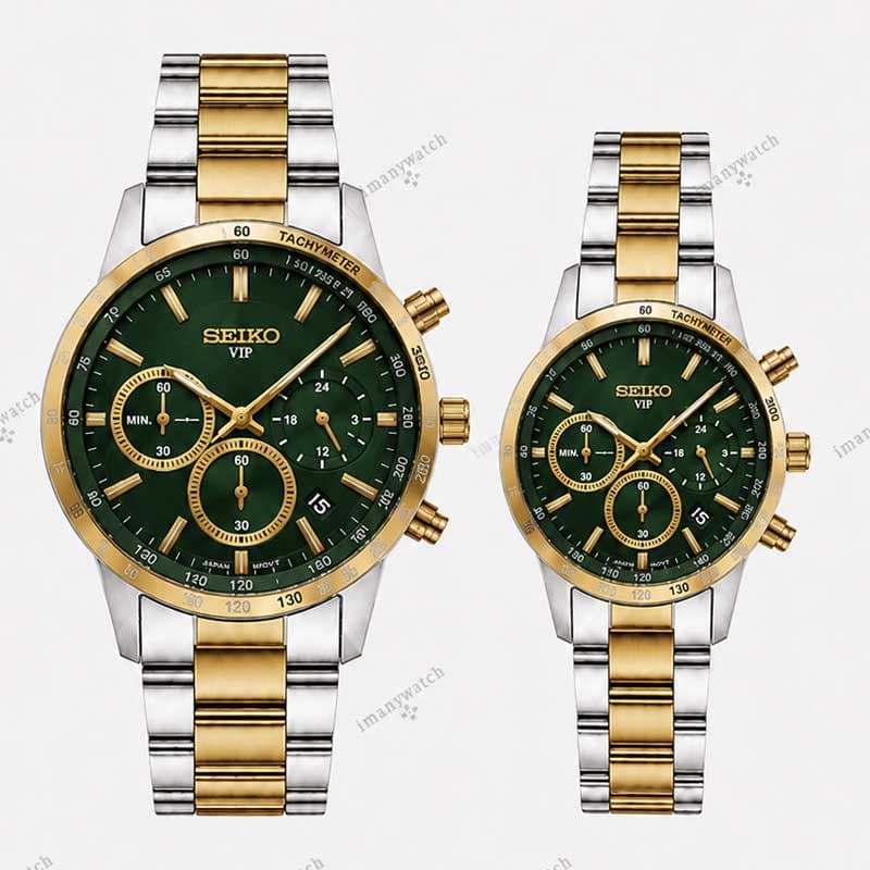 ساعت ست سیکو سه موتوره دو رنگ طلایی صفحه سبز Seiko 8884