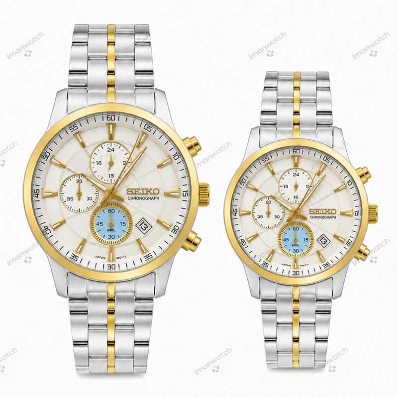 ساعت ست سیکو سه موتوره دو رنگ طلایی صفحه سفید Seiko 8871