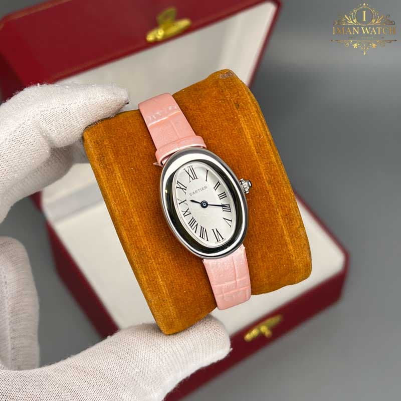 ساعت مچی زنانه کارتیر باگنوار نقره ای بند چرم صورتی Cartier Baignoire — تصویر ۳