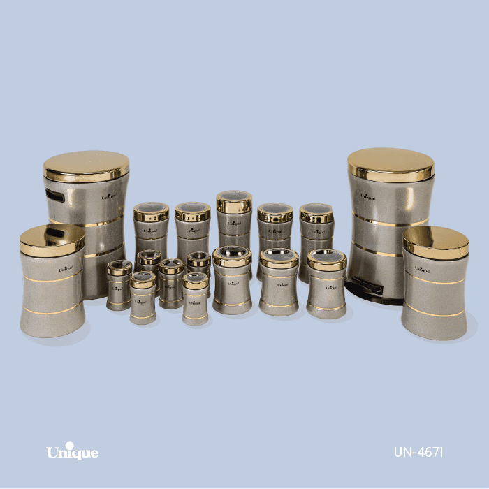 سرویس آشپزخانه 18 پارچه کمرباریک خطی زیتونی براق طلا یونیک کد UN-4671