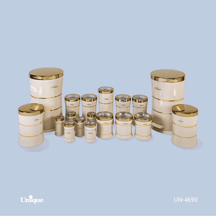 سرویس آشپزخانه 18 پارچه کمرباریک خطی کرم طلا یونیک کد UN-4690