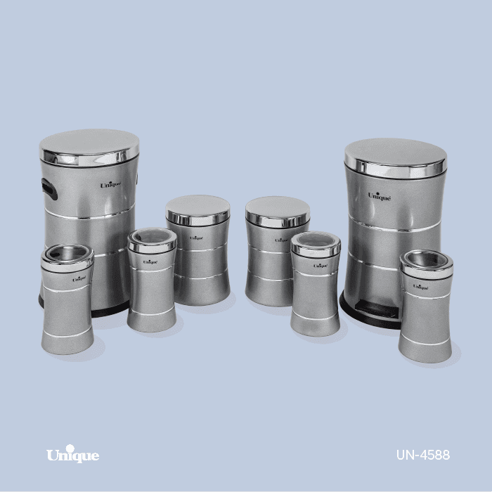 سرویس آشپزخانه 8 پارچه کمرباریک خطی نقره ای استیل یونیک کد UN-4588
