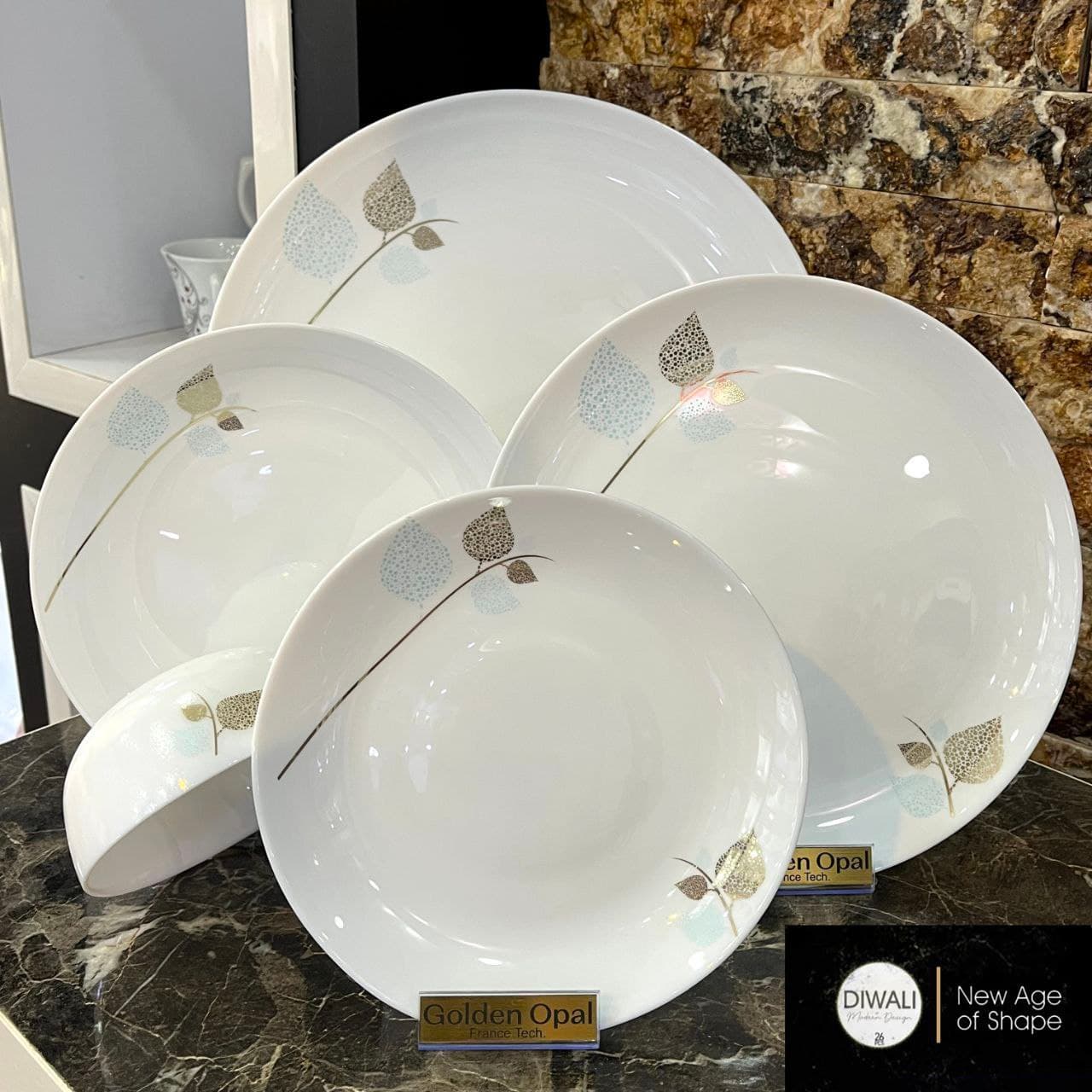 سرویس آرکوپال 26 پارچه 6 نفره گلدن اپال طرح گلبرگ طلا فیروزه ای کد 26019