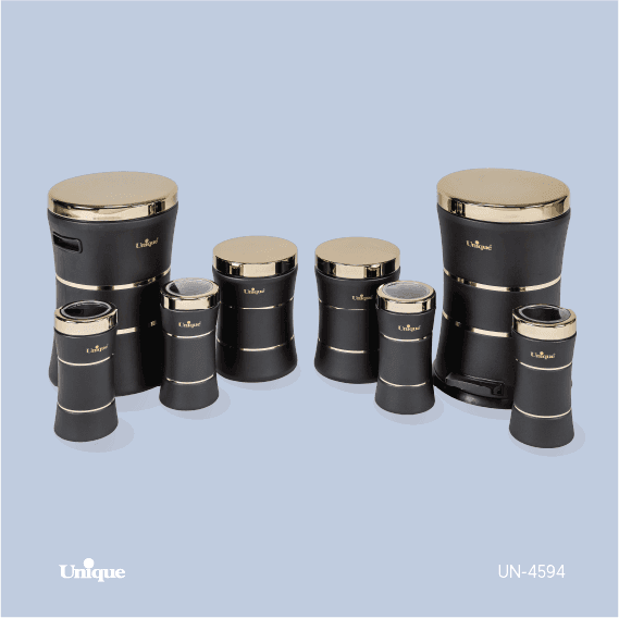 سرویس آشپزخانه 8 پارچه کمرباریک خطی مشکی طلایی یونیک کد UN-4594 — تصویر ۵