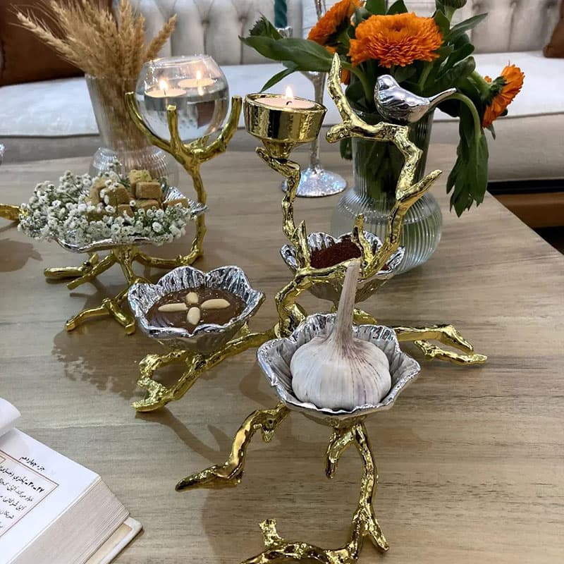 هفت سین آلومینیومی طرح لوتوس گنجشکی پایه طلایی کد 1324 — تصویر ۷
