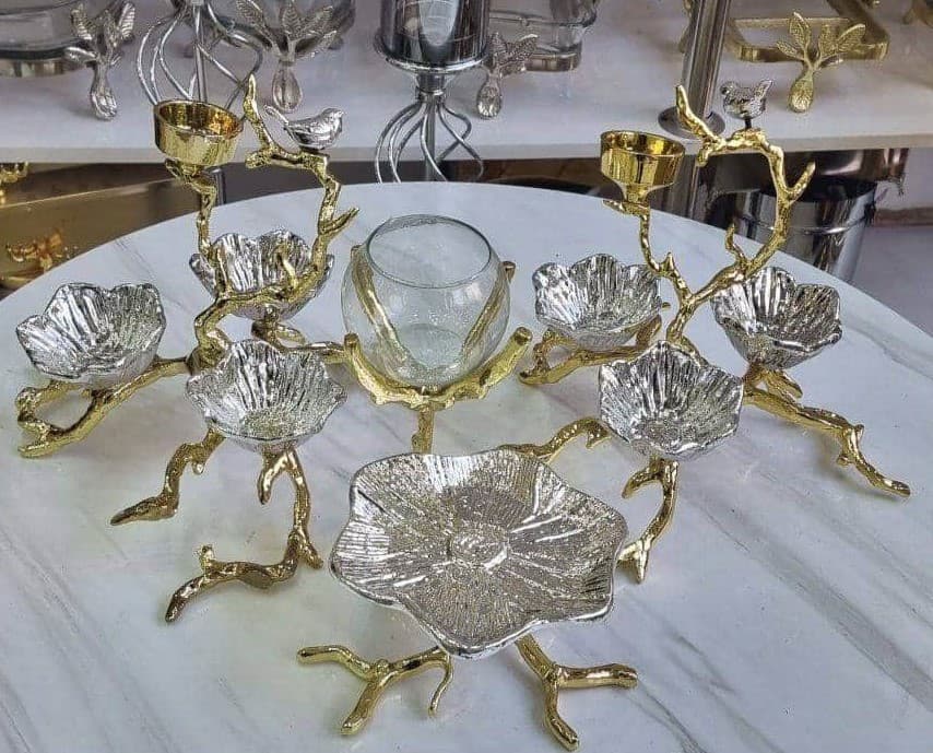 هفت سین آلومینیومی طرح لوتوس گنجشکی پایه طلایی کد 1324 — تصویر ۲