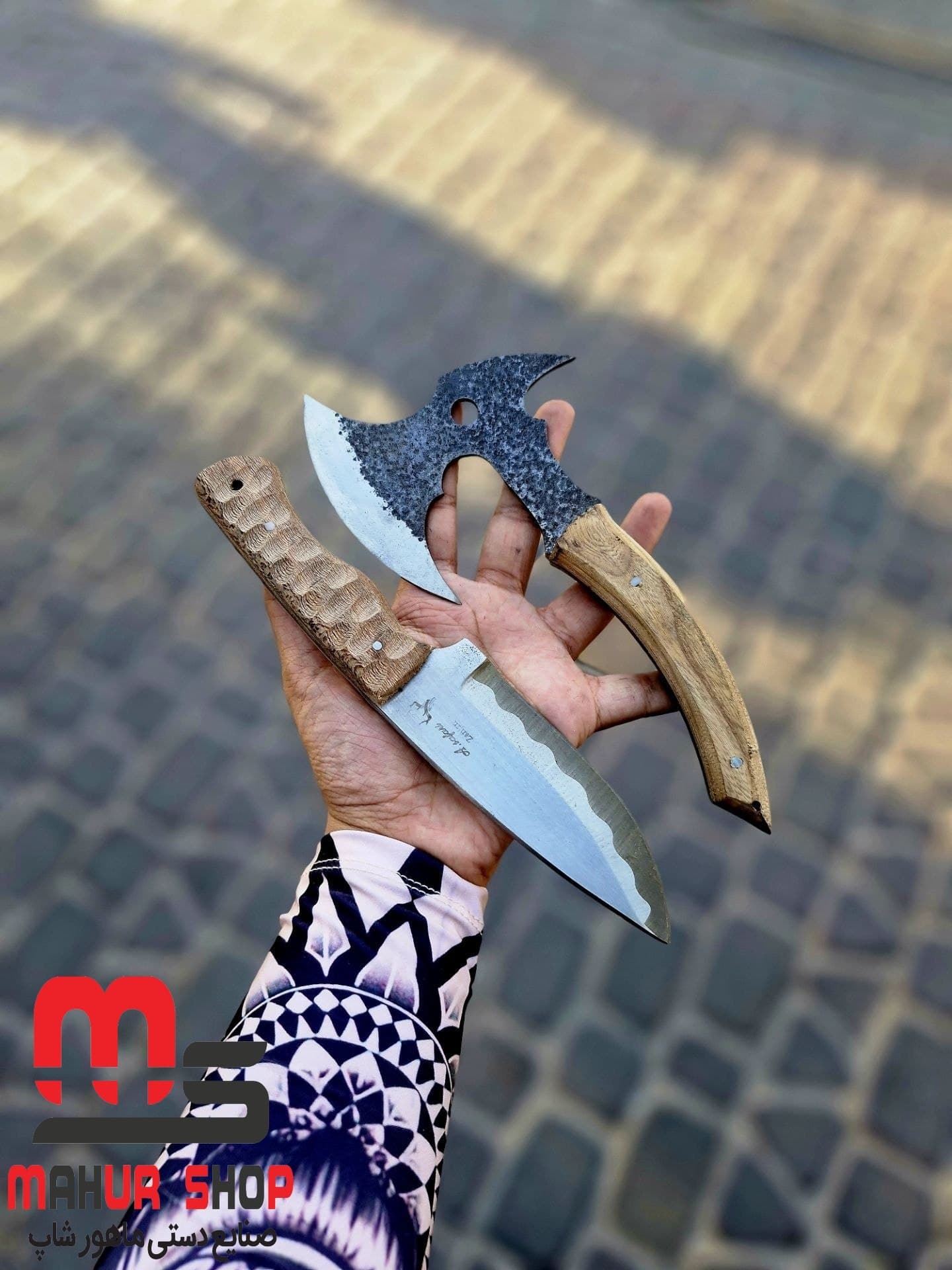 مینی تبر و چاقو فولادی قوی مناسب آفرود تیغه فولادی و با غلاف بسته ۲ عددی