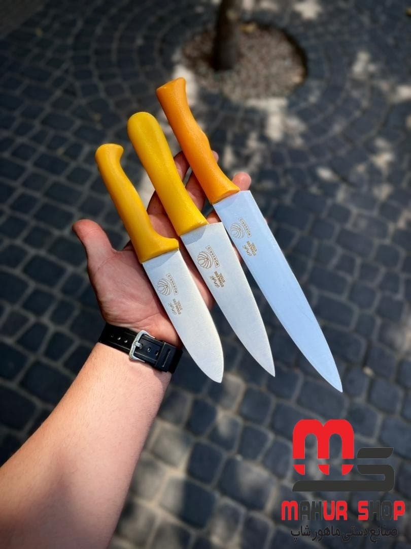 چاقو ست ۳ تایی دسته زرد استیل مروارید مخصوص آشپزی و برش انواع گوشت و سبزیجات — تصویر ۳