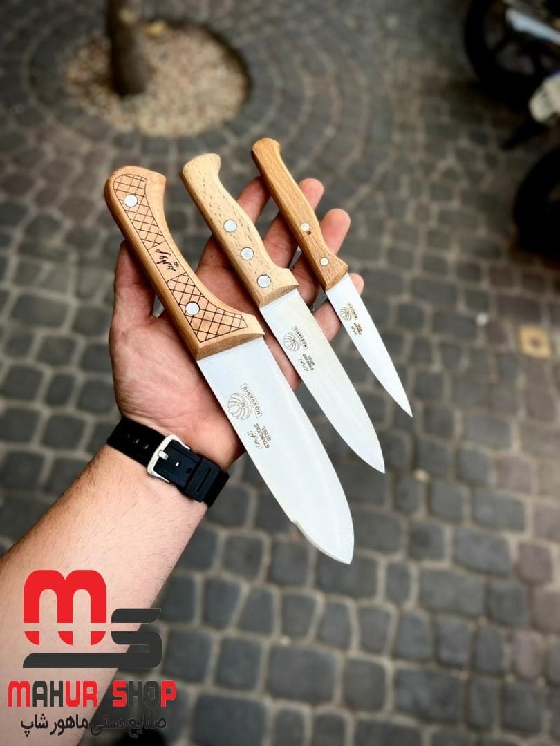 ست چاقو استیل دسته چوبی مدل دمدستی، بره ای و سلاخی بسته ۳ عددی