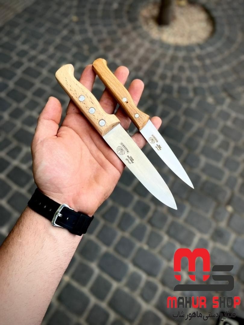 ست چاقو استیل دسته چوبی مدل دمدستی و بره ای بسته ۲ عددی