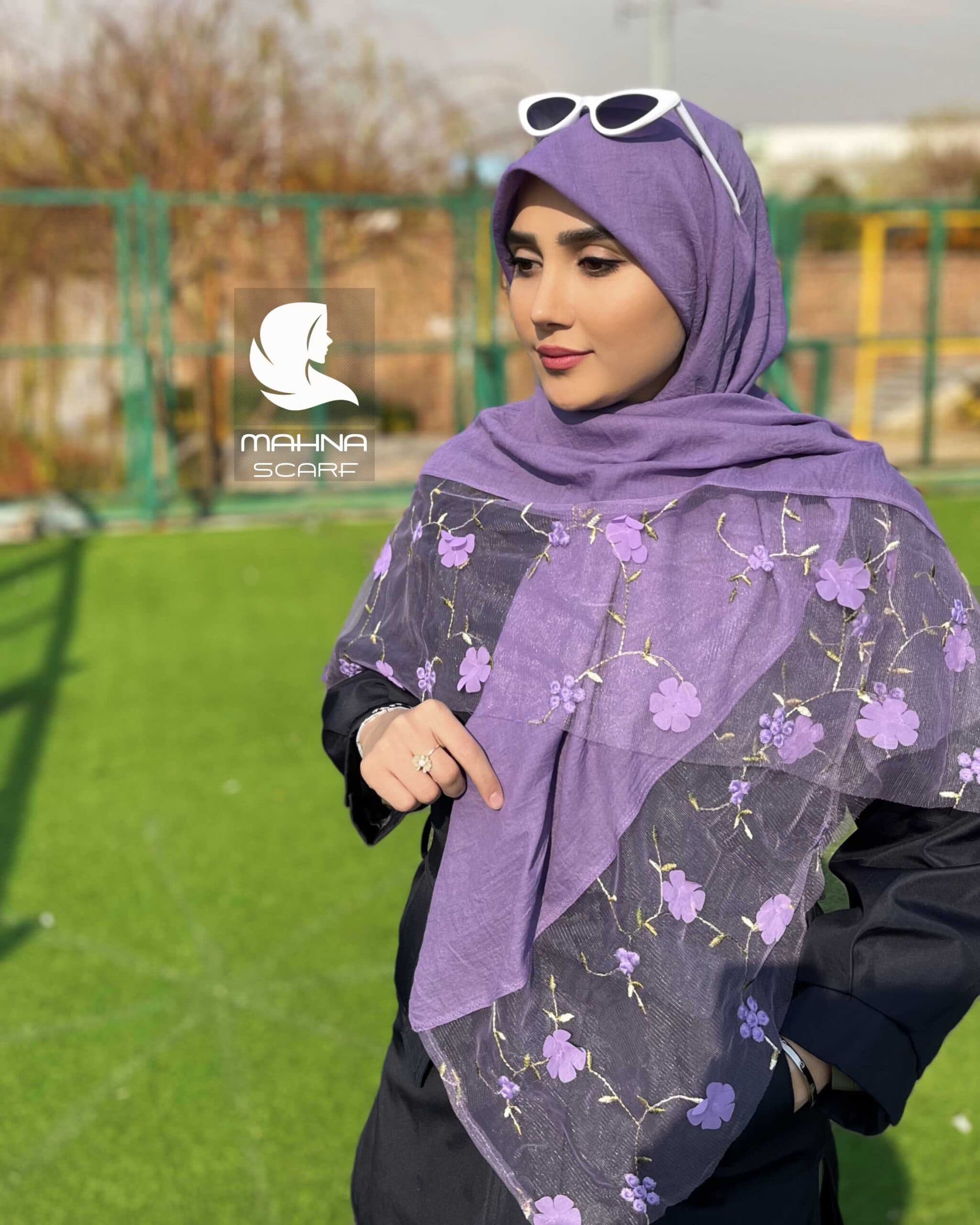 روسری تور گلدوزی بنفش