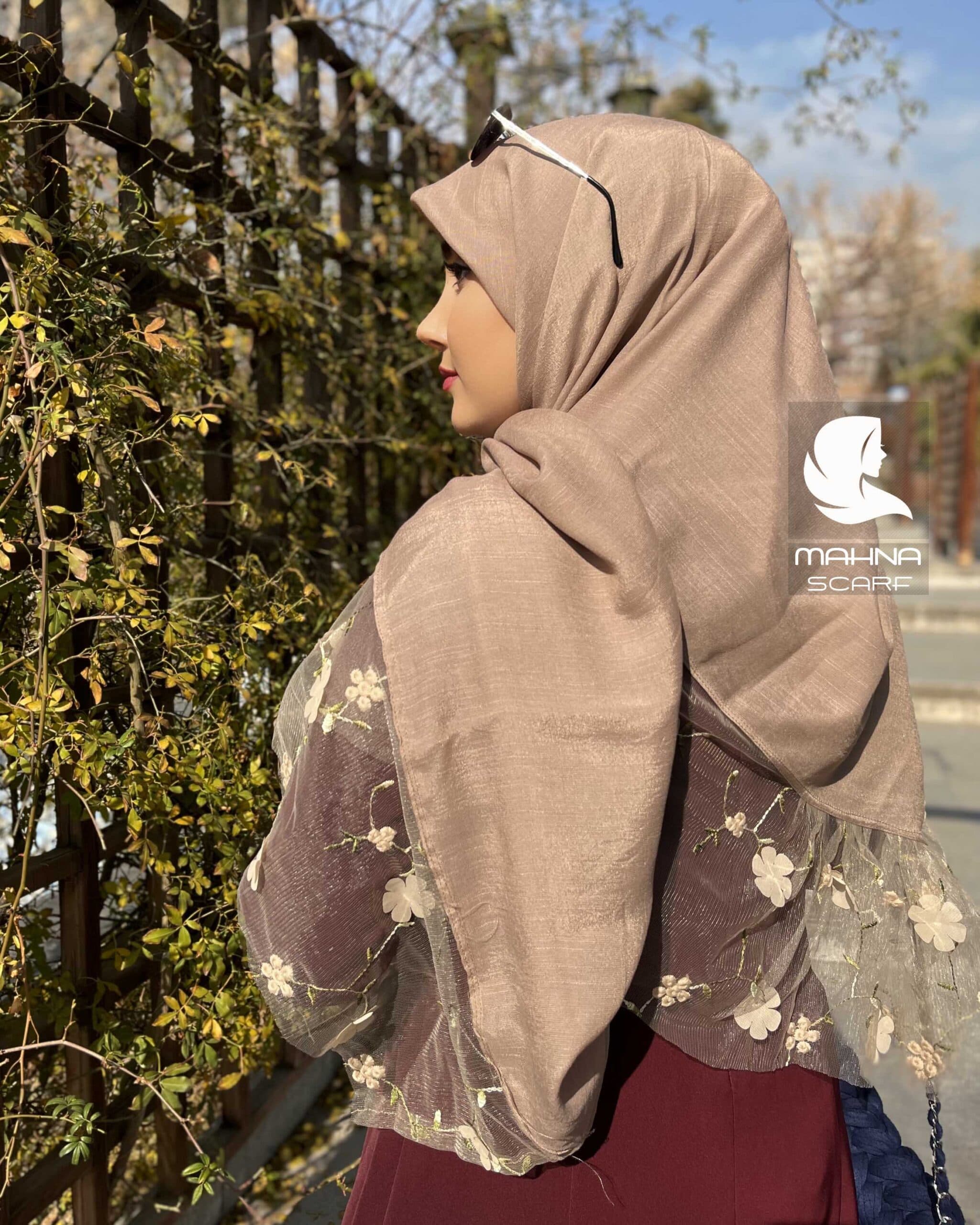 روسری تور گلدوزی نسکافه ای — تصویر ۵