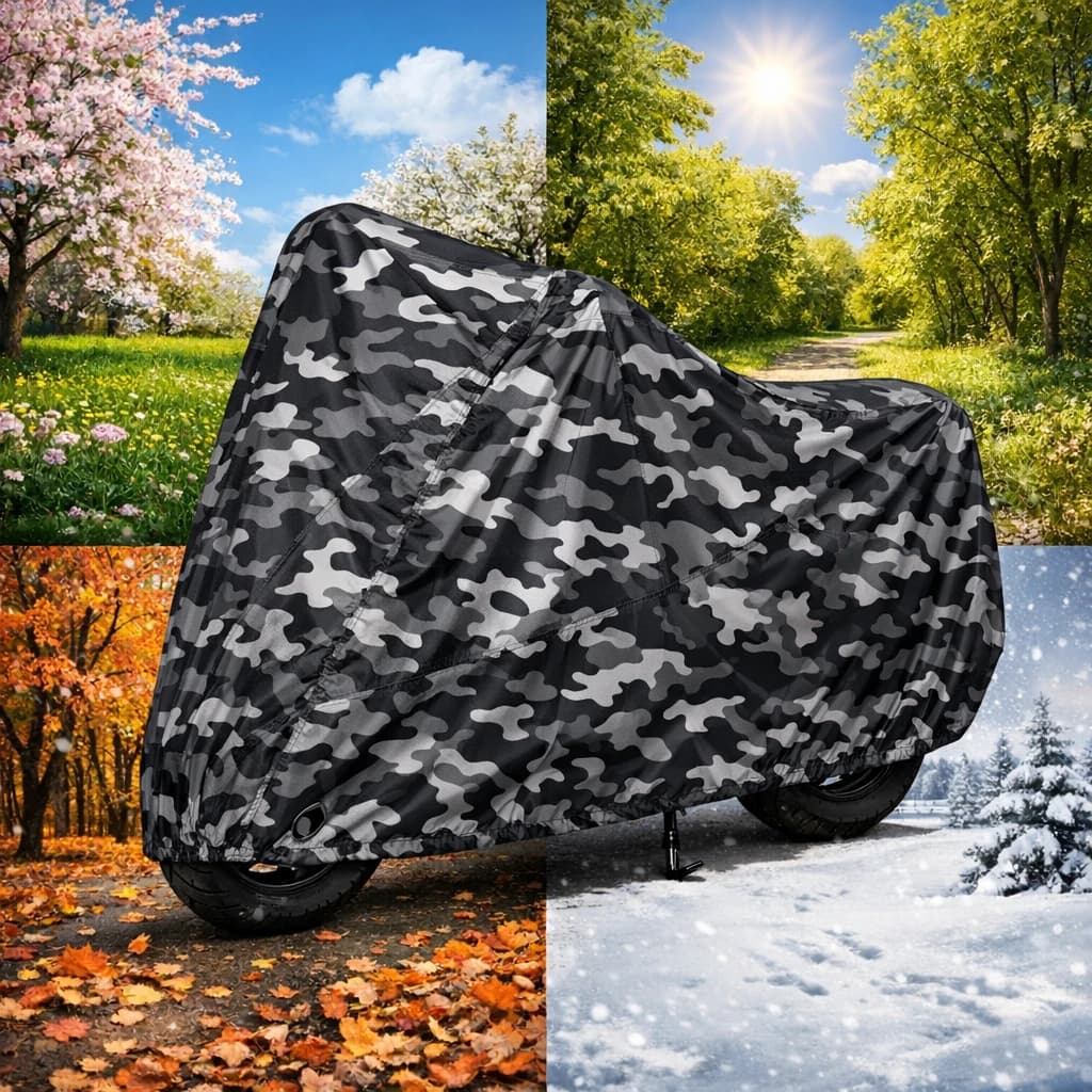 کاور موتور سیکلت ایساتیس طرح چریکی ( ارتشی یا پلنگی )(چهار فصل ، ضد آب و مقاوم به آفتاب) مناسب موتور سیکلت تریل کویر و پرواز — تصویر ۸