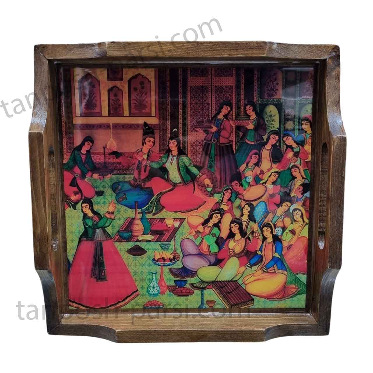 سینی چوبی مربع 25 در 25 سانت طرح بزم قاجاری