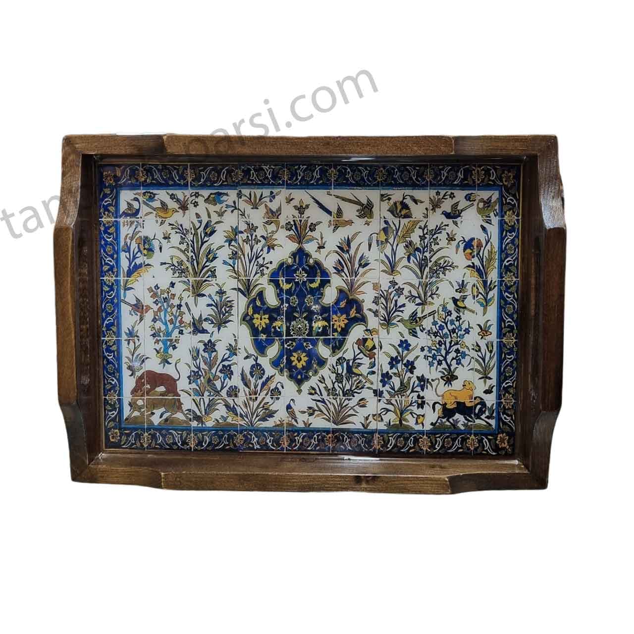 سینی چوبی مستطیل 20 در 30 سانت طرح شکارگاه