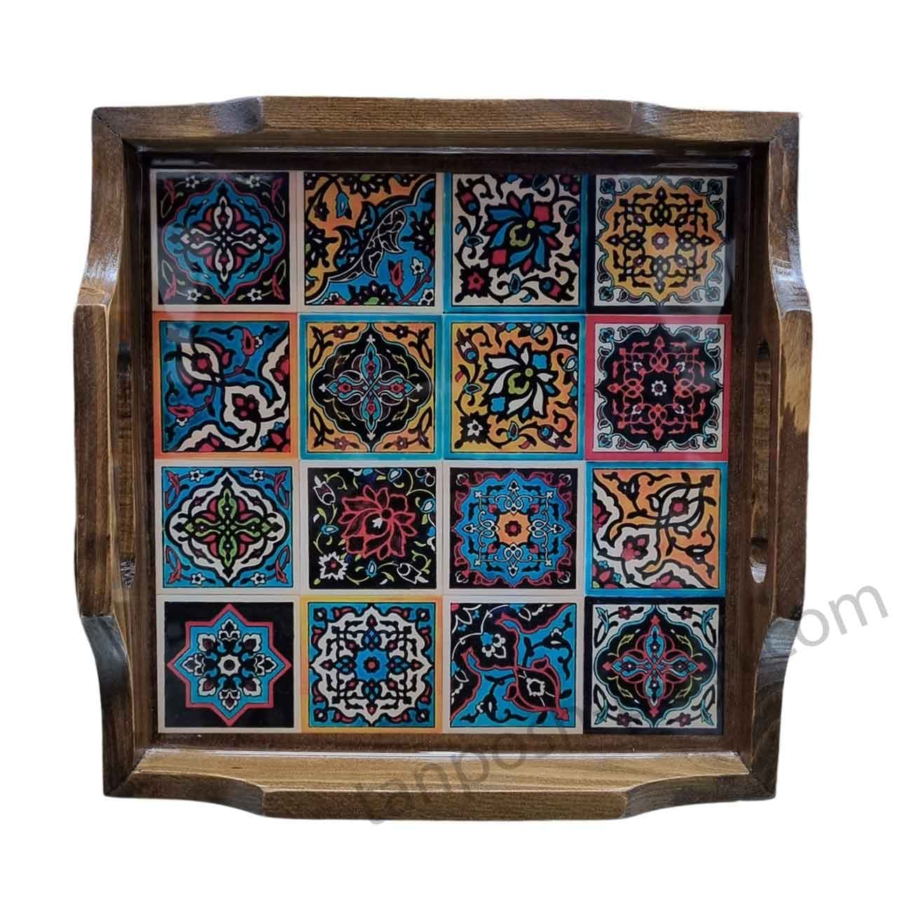 سینی چوبی مربع 25 در 25 سانت طرح چهل تکه جدید