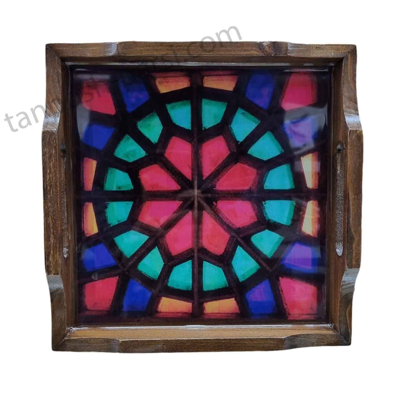 سینی چوبی مربع 25 در 25 سانت طرح شیشه مشبک