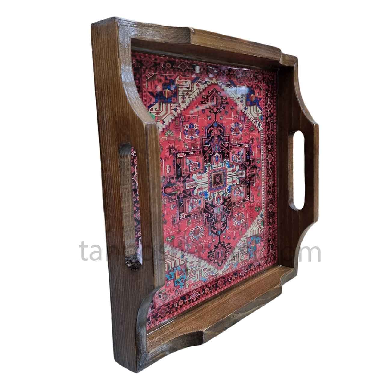 سینی چوبی مربع 25 در 25 سانت طرح فرش قرمز — تصویر ۳