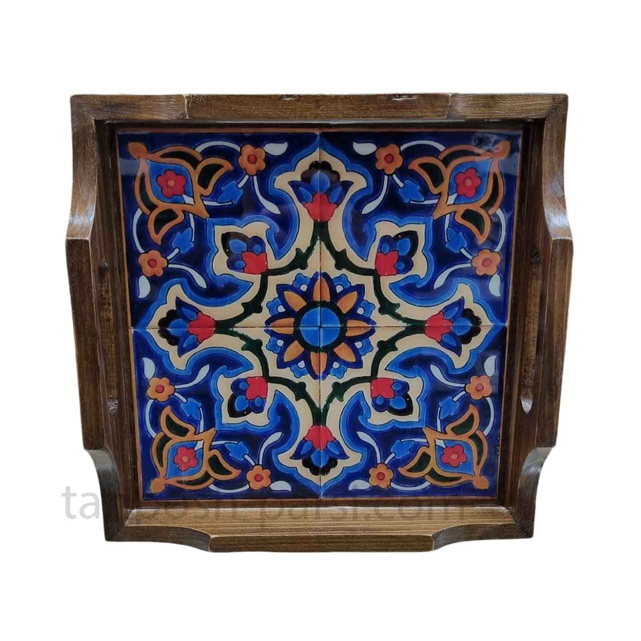 سینی چوبی مربع 30 در 30 سانت طرح کاشی هفت رنگ