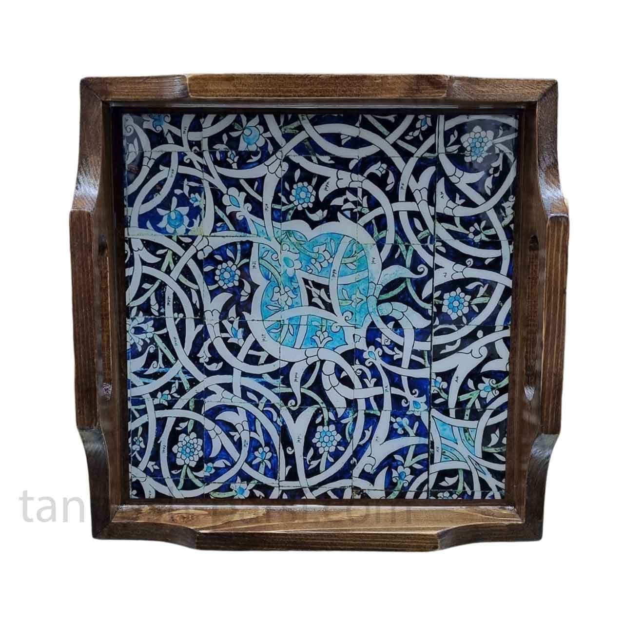 سینی چوبی مربع 30 در 30 سانت طرح اسلیمی آبی