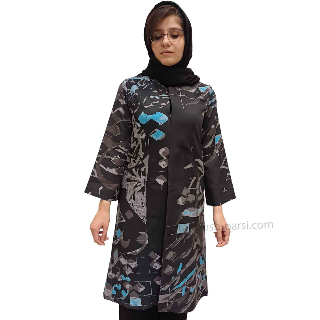 مانتو خطاطی مشکی آبی