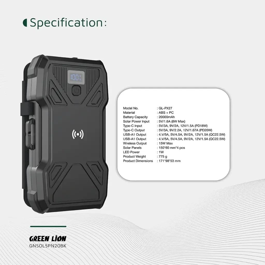 پاوربانک خورشیدی 5 پنل 20000 گرین لاین مدل GL-PX27 — تصویر ۷
