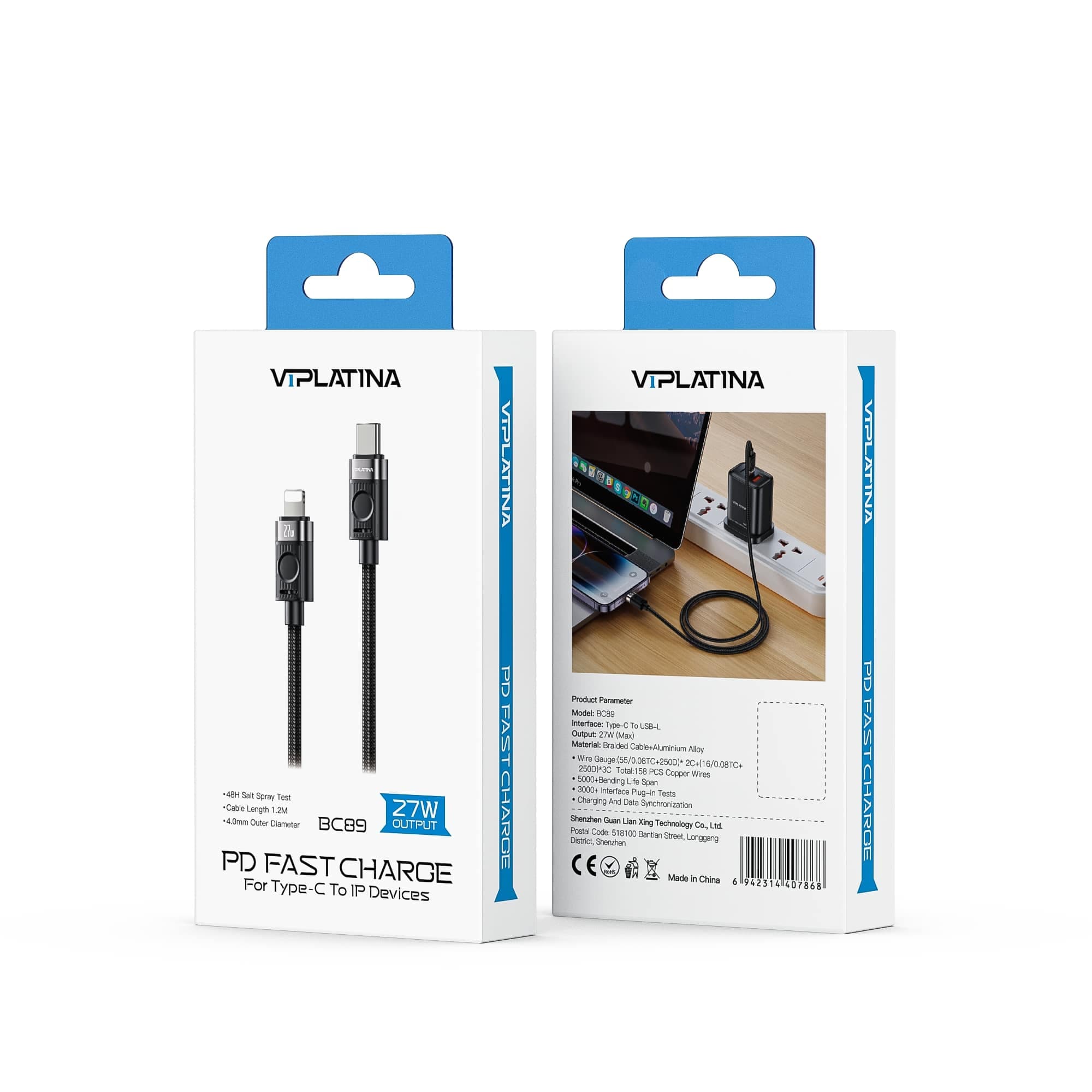 کابل تایپسی به لایتنینگ وی آی پلاتینا VIPLATINA BC89 طول 1.2متر 27w — تصویر ۵