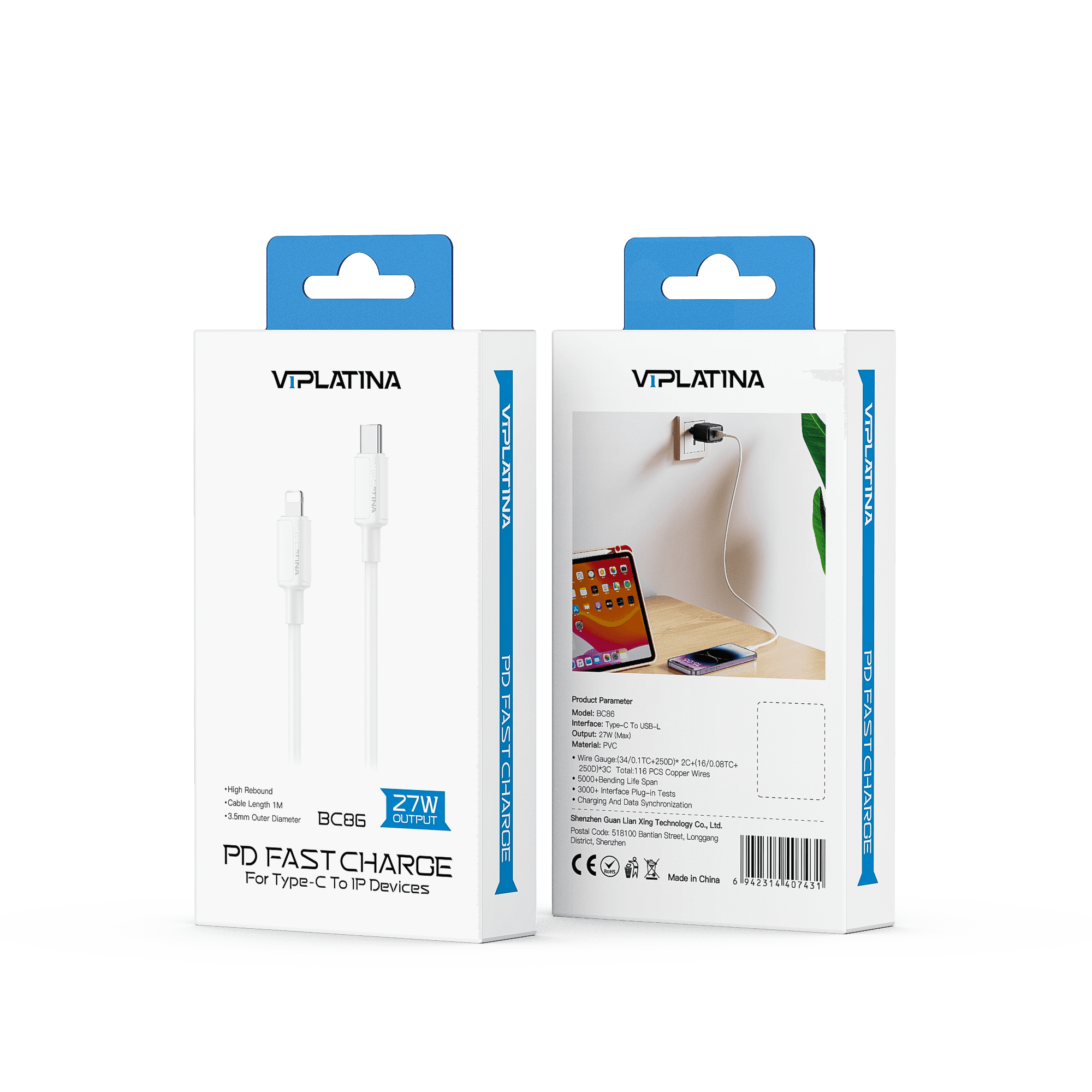 کابل تایپسی به لایتنینگ وی آی پلاتینا VIPLATINA BC86 طول 1متر 27w — تصویر ۳