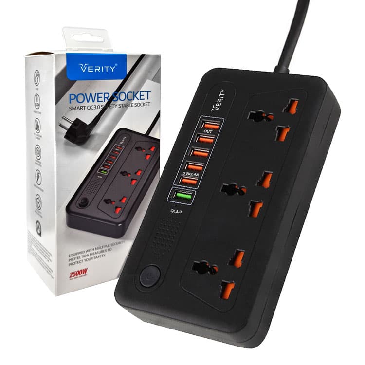 چند راهی ۳ خانه برق Verity PS 3114 با کابل ۲ متری + شارژر USB