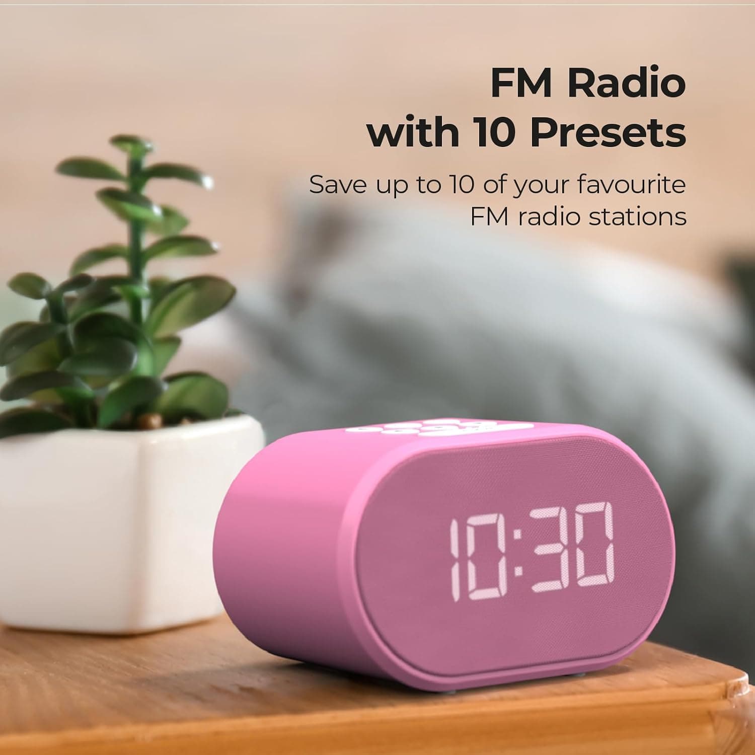ساعت زنگ‌دار رومیزی i-box | رادیو FM، شارژ USB، نمایشگر LED، رنگ صورتی — تصویر ۱۲
