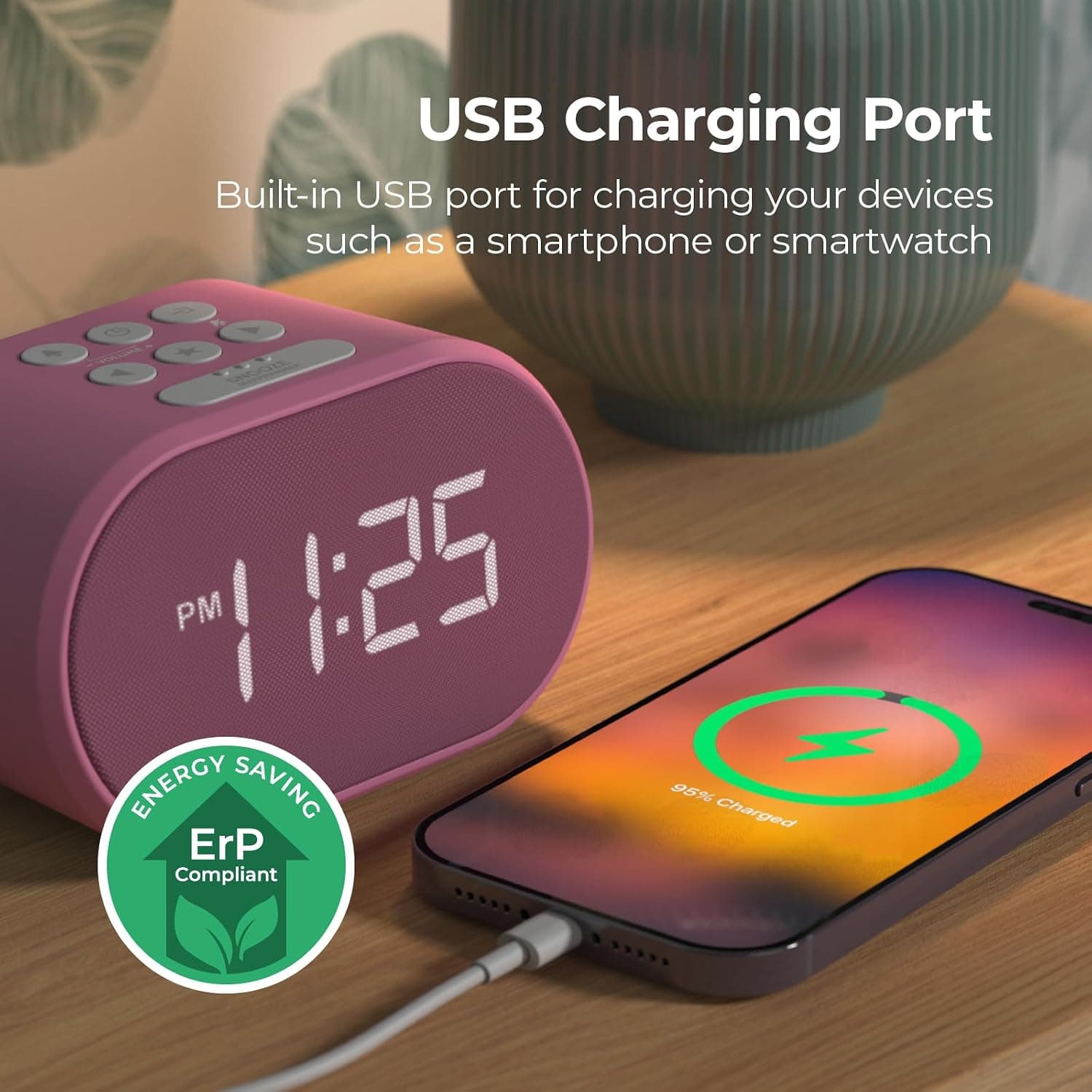 ساعت زنگ‌دار رومیزی i-box | رادیو FM، شارژ USB، نمایشگر LED، رنگ صورتی — تصویر ۱۰