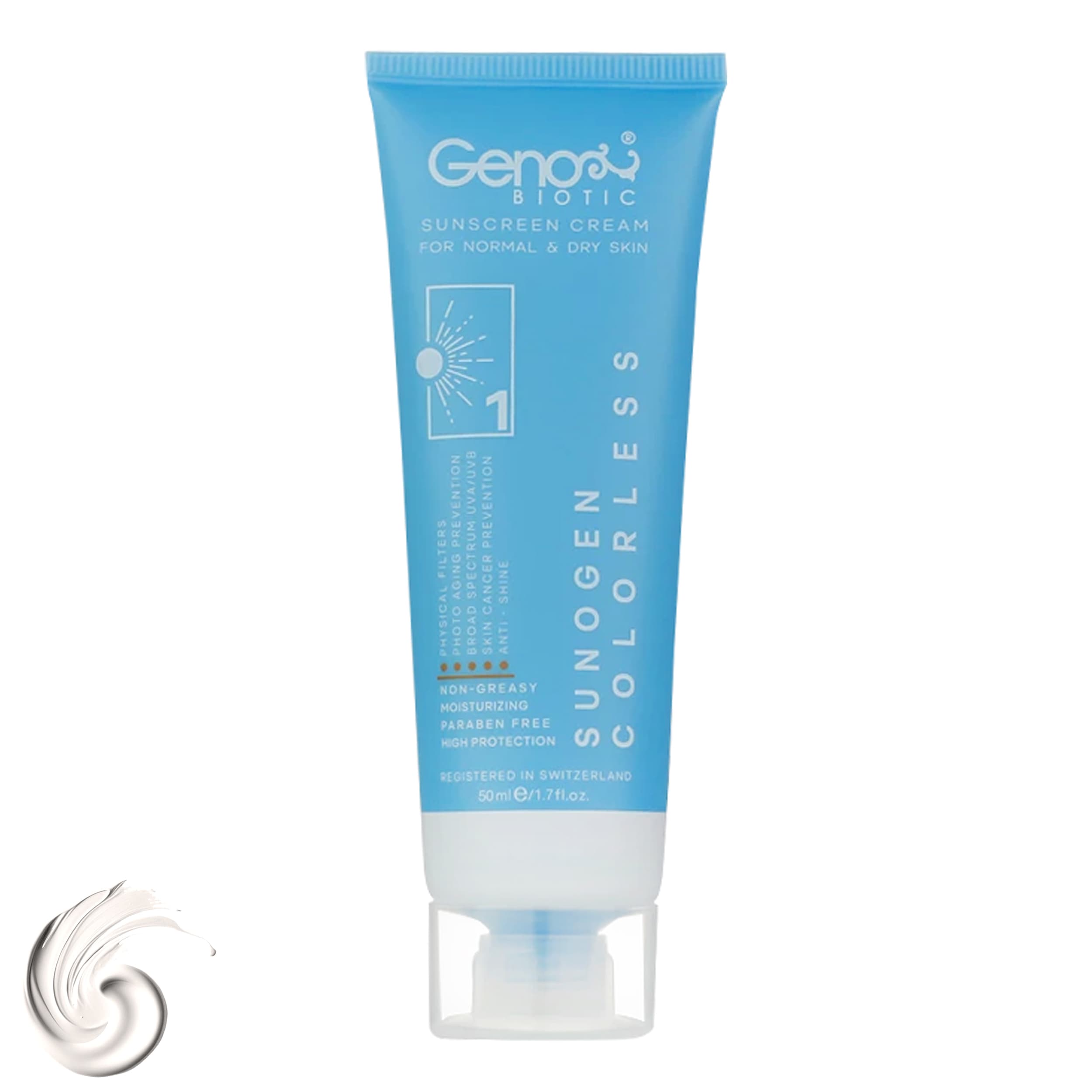 کرم ضد آفتاب SPF50 بی رنگ ژنوبایوتیک مناسب پوست خشک و معمولی حجم 50 میلی لیتر