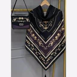 ست کیف و روسری (شال) طرح فرفوژه سلینا بادمجانی روسری نخی قواره 130 — تصویر ۲