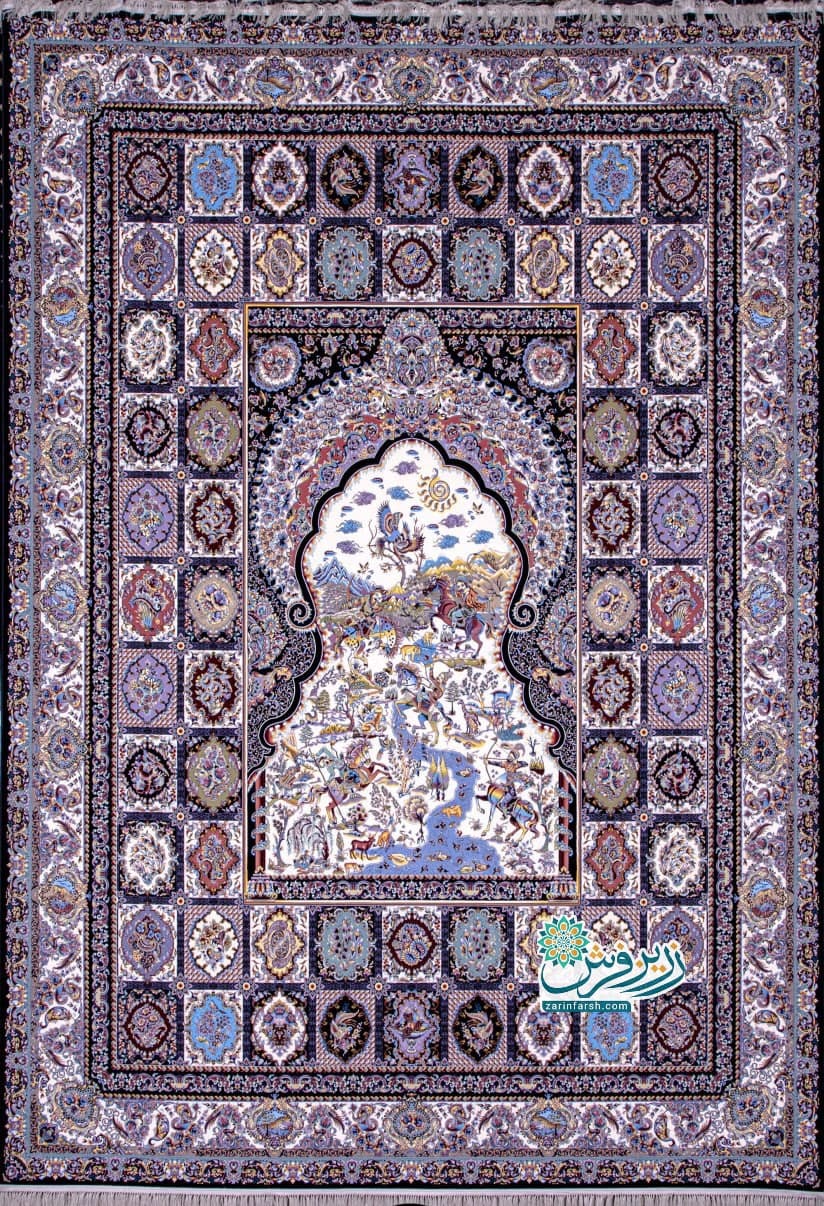فرش 1200 شانه طرح خشتی شکارگاه سرمه ای- تمام نخ اکریلیک