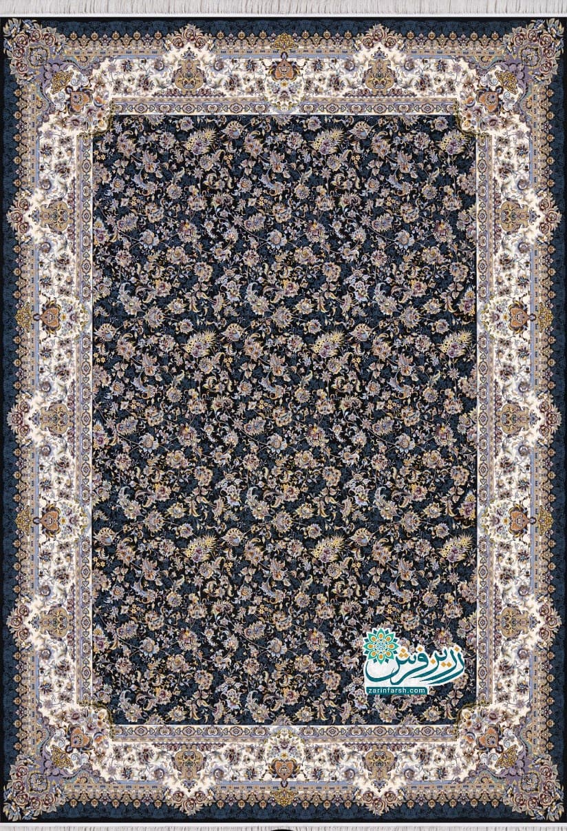 فرش 1200 شانه طرح افشان مروارید سرمه ای- تمام نخ اکریلیک