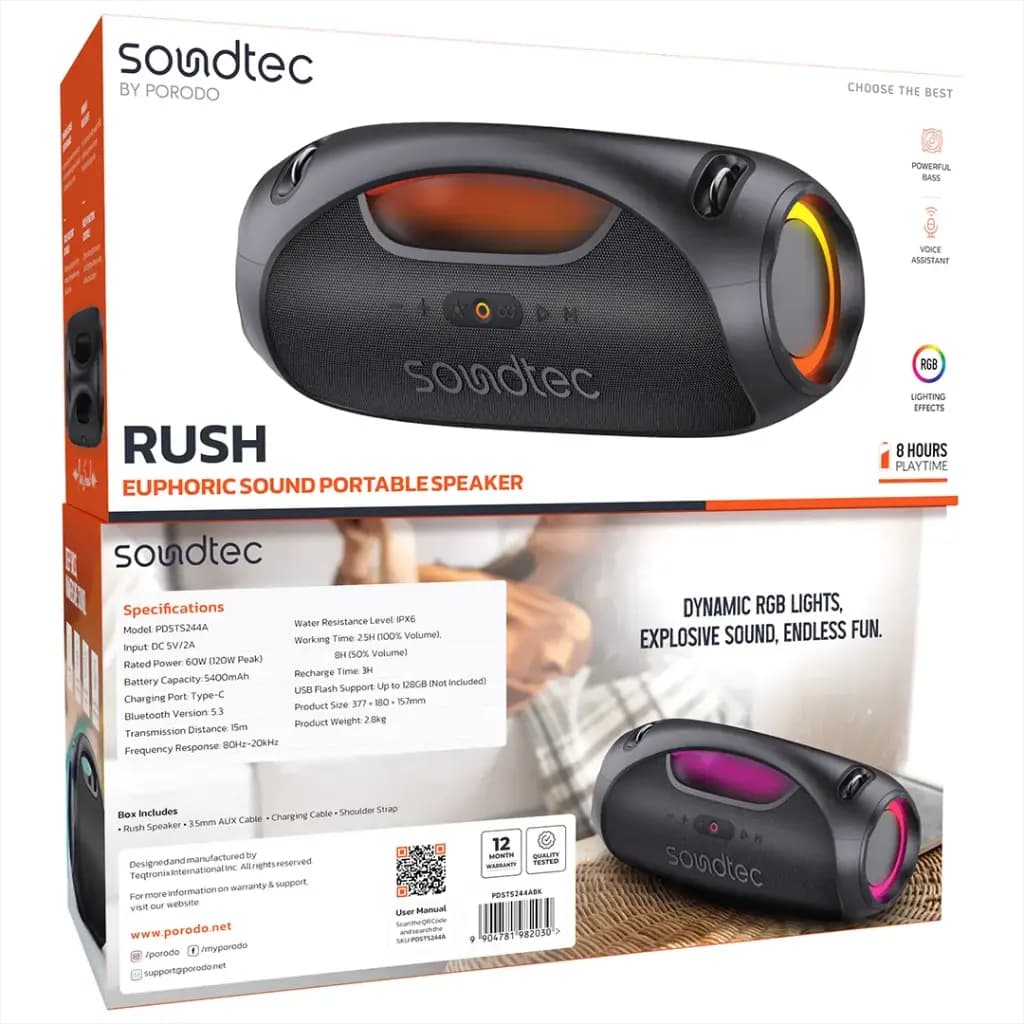 پرودو اسپیکر بلوتوثی 120 وات پرودو Porodo Soundtec Rush Bluetooth Speaker 120W — تصویر ۸