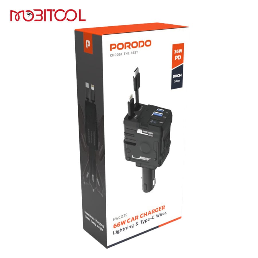شارژر فندکی 66 وات با کابل جمع شونده لایتنینگ و تایپ سی پرودو Porodo 66W Car Charger Lightning & Type-C PD-FWCH029 — تصویر ۹
