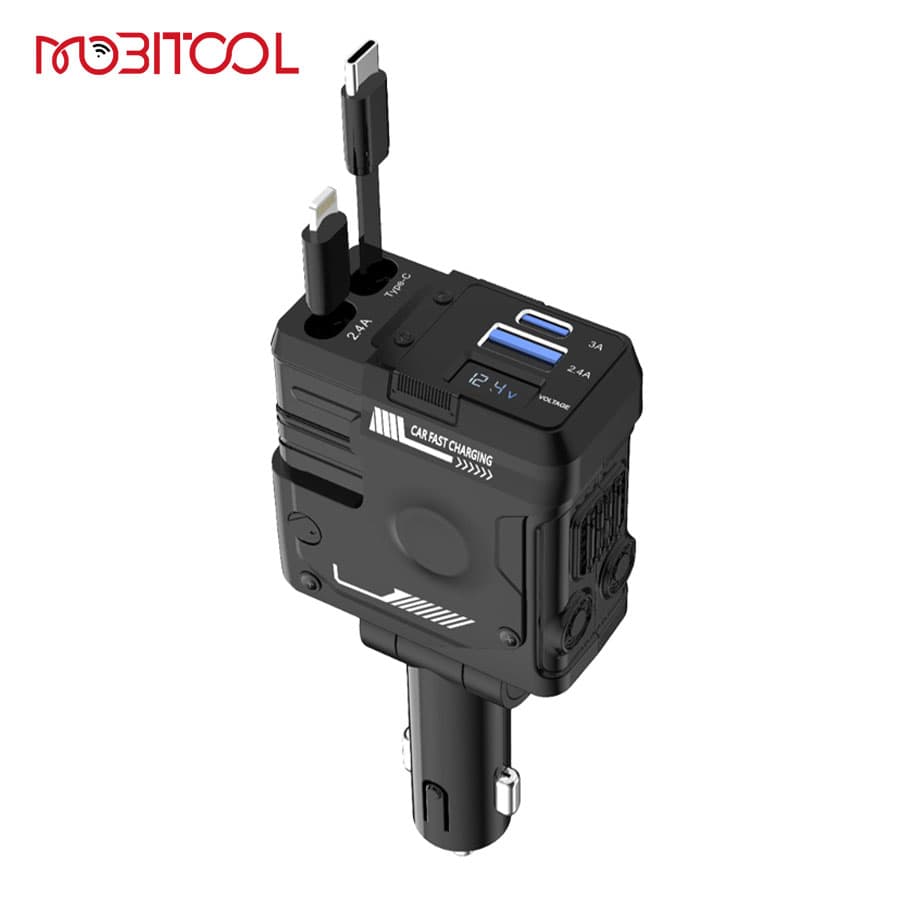 شارژر فندکی 66 وات با کابل جمع شونده لایتنینگ و تایپ سی پرودو Porodo 66W Car Charger Lightning & Type-C PD-FWCH029 — تصویر ۳