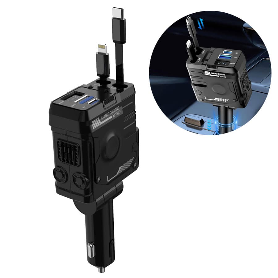 شارژر فندکی 66 وات با کابل جمع شونده لایتنینگ و تایپ سی پرودو Porodo 66W Car Charger Lightning & Type-C PD-FWCH029
