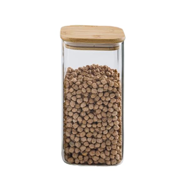 بانکه شیشه ای درب چوبی مربع 20 سانت مدل UN- 1760